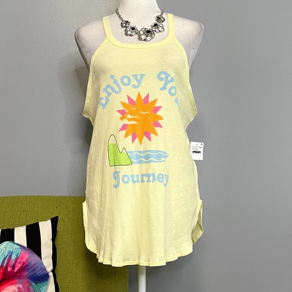 Wst Cst Yellow Retro Enjoy Your Journey Graphic Tunic Tank Top NEW Medium